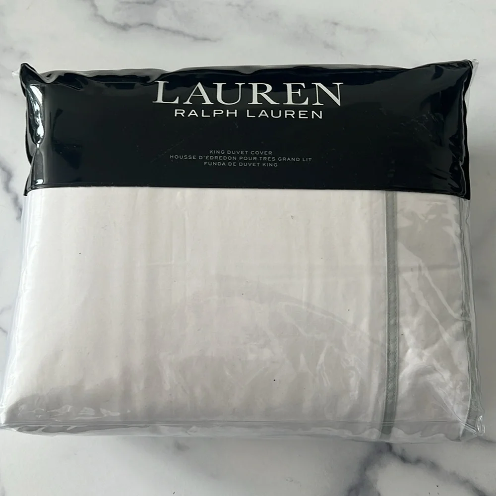 Lauren Ralph Lauren Spencer Sateen Border White Sage King Duvet Cover, NWT $420